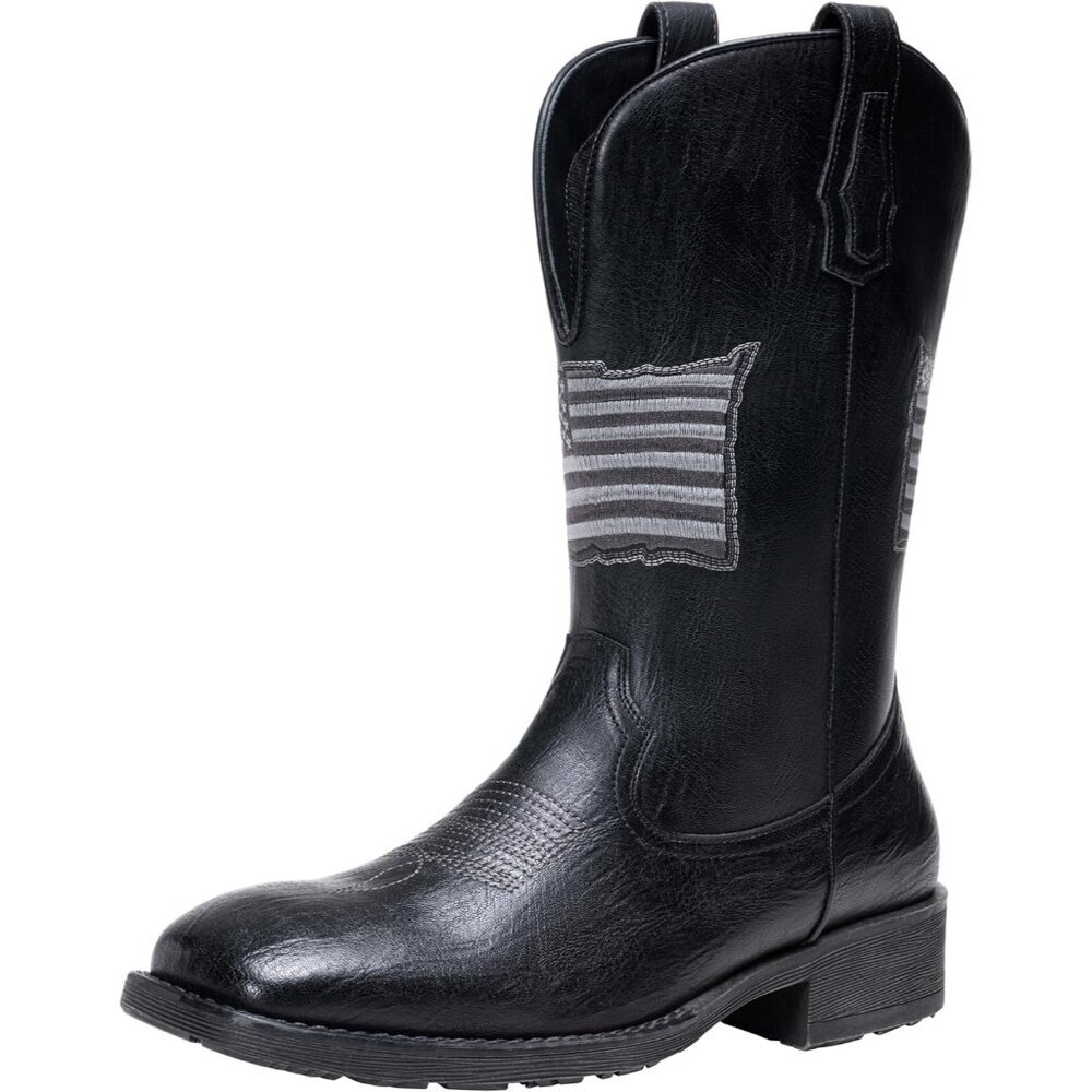 Men's Black Western Boot Side Zipper American Flag Retro Square Toe Mid-Calf